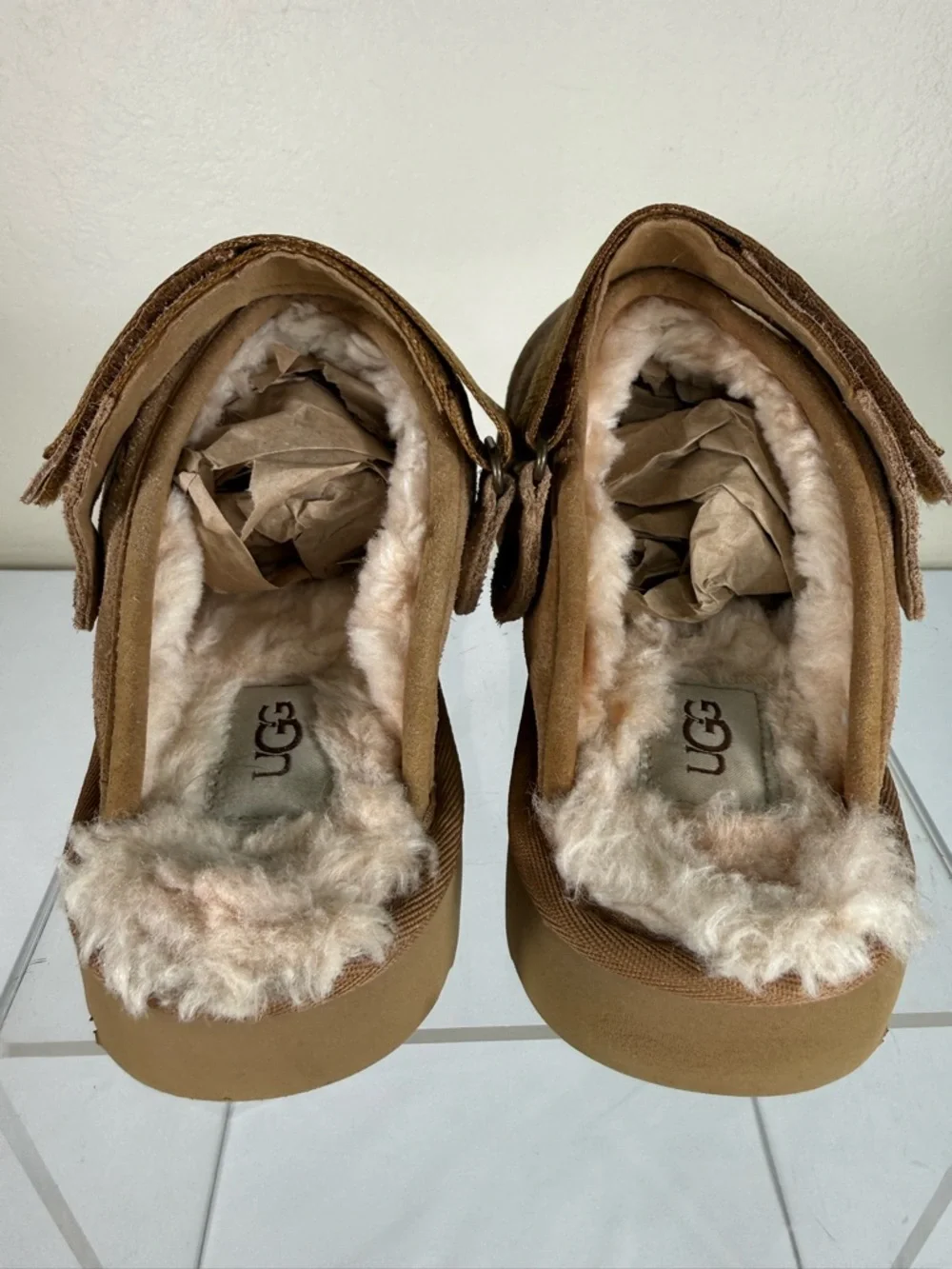 UGG Lanah Chestnut Suede Leather Platform Clogs Mules Fur Lined Slippers Size 9 - Picture 9 of 13